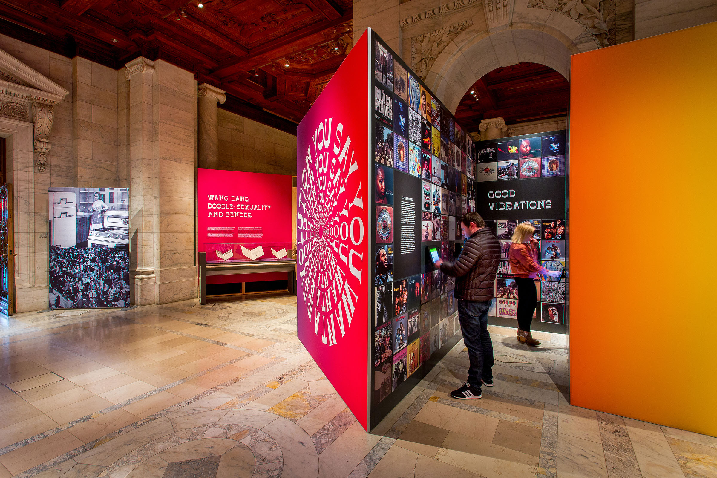 You Say You Want A Revolution - In “music niches” embedded behind title and intro walls, visitors could select period music according to the sections in the exhibition, surrounded by album covers. (